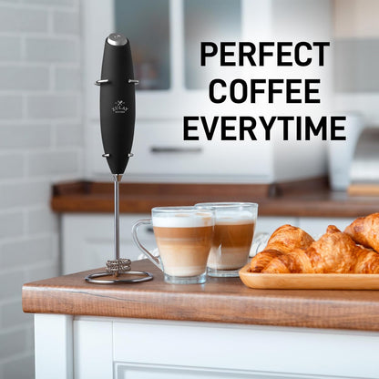 Zulay Kitchen Powerful Double Whisk Milk Frother Handheld - Foam Maker with Stand - Whisk Drink Mixer for Coffee, Mini Foamer for Latte, Matcha, Frappe, Hot Chocolate & Cappuccino (Black) - PuriLite