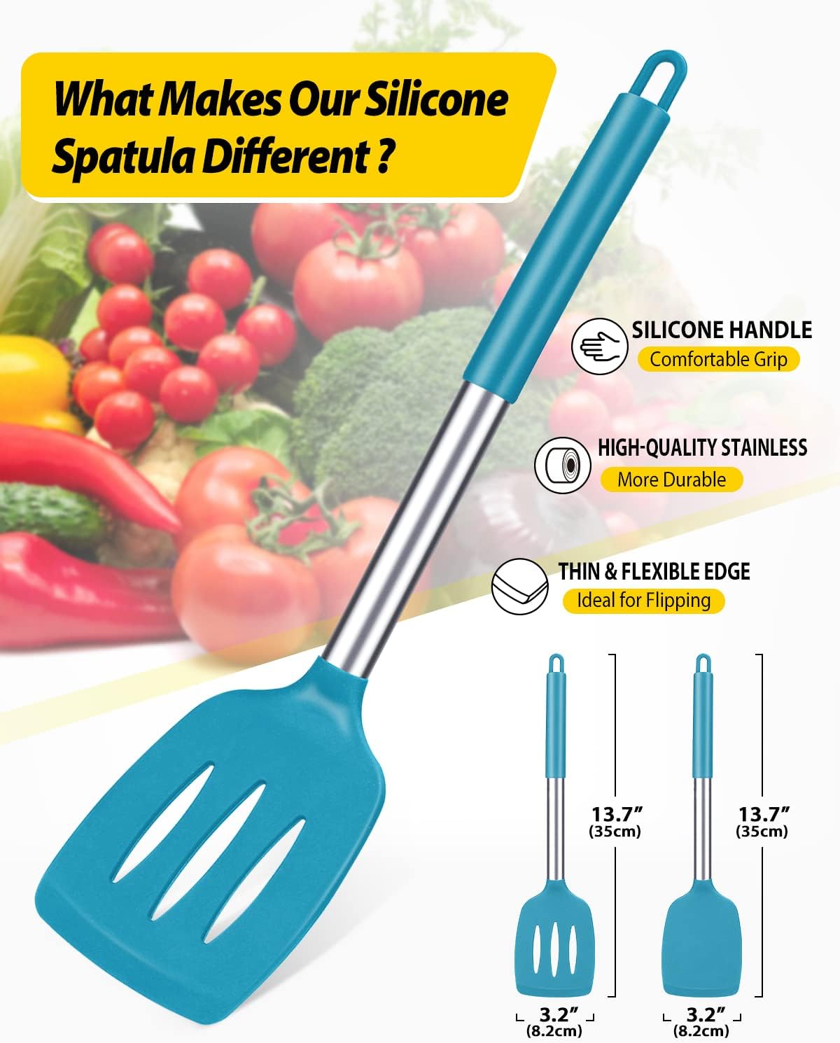 Pack of 2 Silicone Slotted Spatula,Non Stick Solid Kitchen Turner, High Heat Resistant BPA Free Cooking Utensils for Fish, Eggs, Pancakes（Black - PuriLite