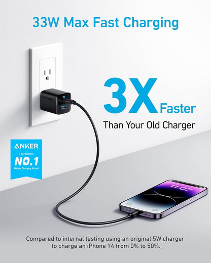 Anker USB C Charger, 323 Charger (33W), 2 Port Compact Charger with Foldable Plug for iPhone 14/14 Plus/14 Pro/14 Pro Max/13/12, Pixel, Galaxy, iPad/iPad Mini and More (Cable Not Included) - White - PuriLite