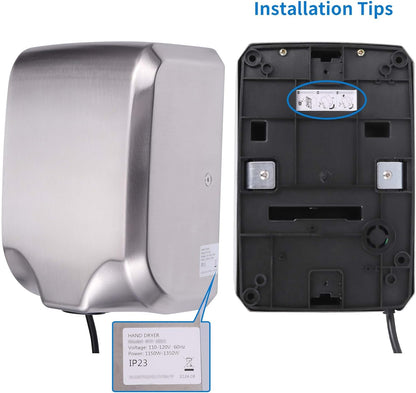 Goetland Stainless Steel Commercial Hand Dryer 1800w Automatic High Speed Heavy Duty Dull Polished - PuriLite