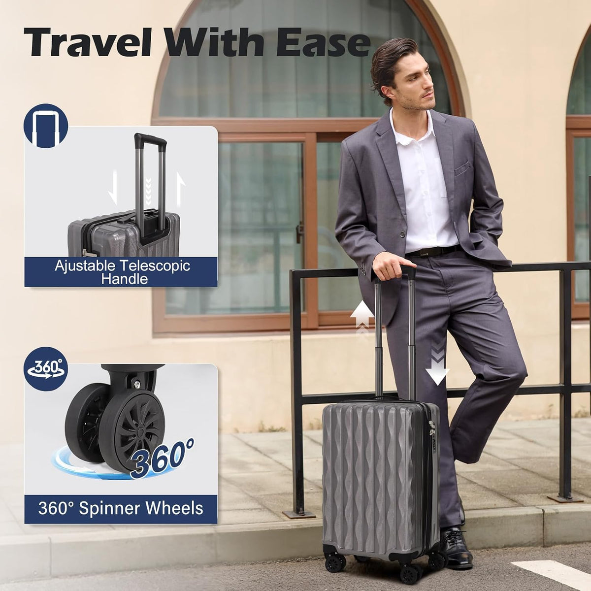 3-Piece Hardside Luggage Set with Spinner Wheels (Grey)