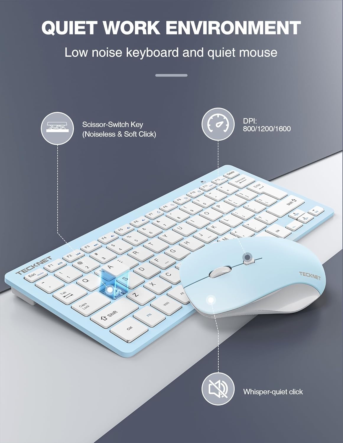 TECKNET Keyboard and Mouse Wireless - Compact 2.4GHz Wireless Keyboard and Mouse Combo with Adjustable DPI, Ultra-Quiet Clicks, Lag-Free Performance for Computer, Laptop, PC, Windows, Mac, Chrome OS - PuriLite