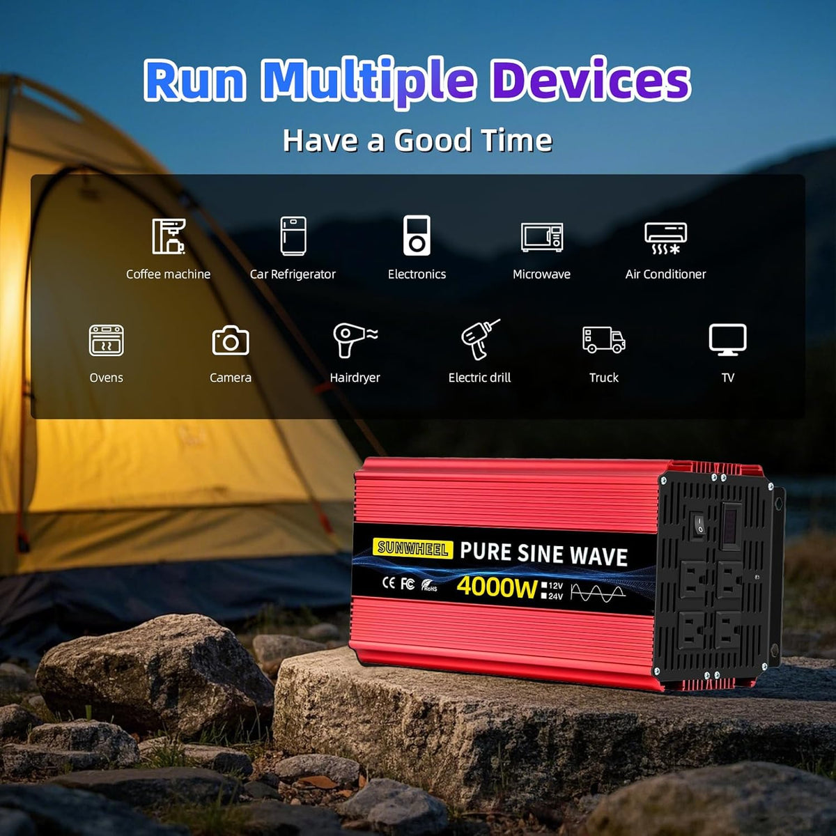 SUNWHEEL 4000W Pure Sine Wave Inverter, 12V DC to 110V/120V AC Power Inverter for RV、Microwave、Off Grid、Truck、Refrigerator、Air Conditioner with 4 AC outlets and LCD Display - PuriLite