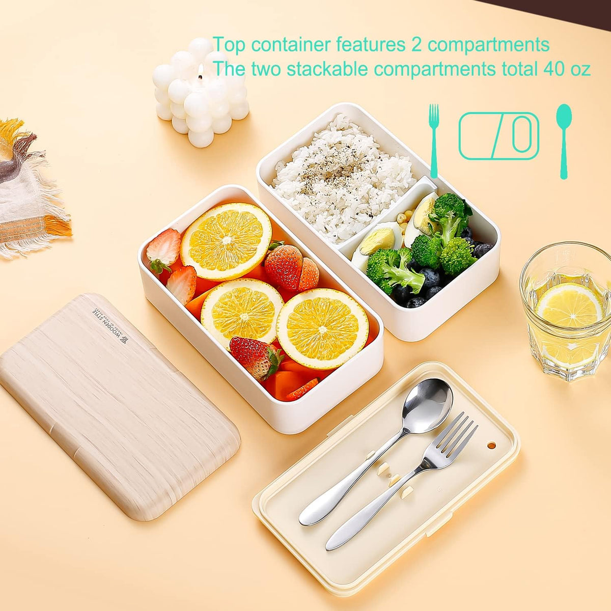 Original Bento Box Lunch Boxes Container Bundle Divider Japanese Style with Stainless Steel Utensils Spoon and Fork (Pink) - PuriLite