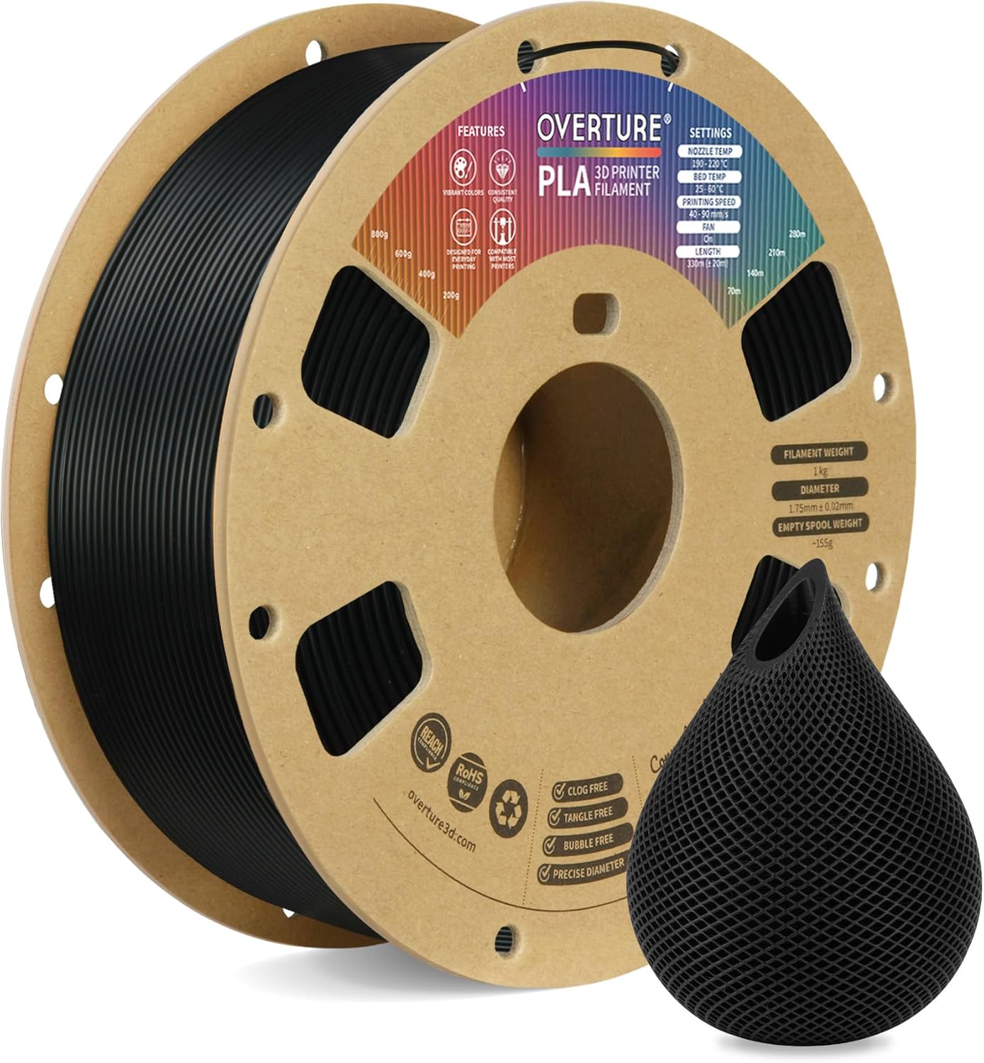 OVERTURE PLA Filament 1.75mm PLA 3D Printer Filament, 1kg Cardboard Spool (2.2lbs), Dimensional Accuracy +/- 0.02mm, Fit Most FDM Printer (Black 1-Pack) - PuriLite