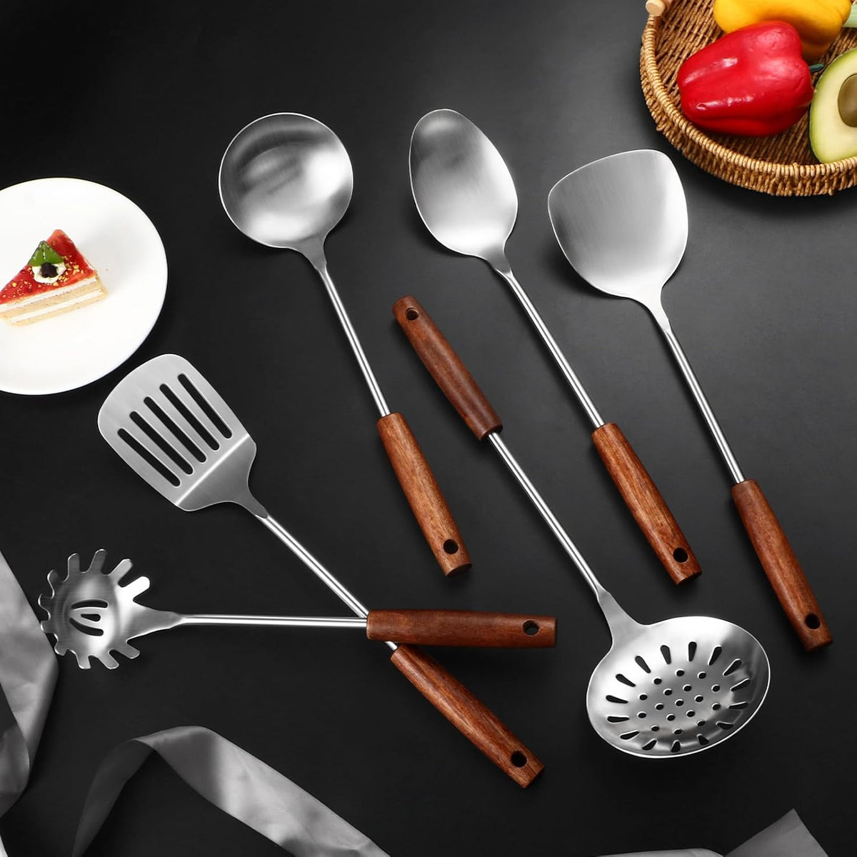304 Stainless Steel Kitchen Utensils Set, 6 Pcs Long Cooking Utensils Set with Wooden Handle, Large Heat Resistant Kitchen Tools(Dishwasher Safe) - PuriLite