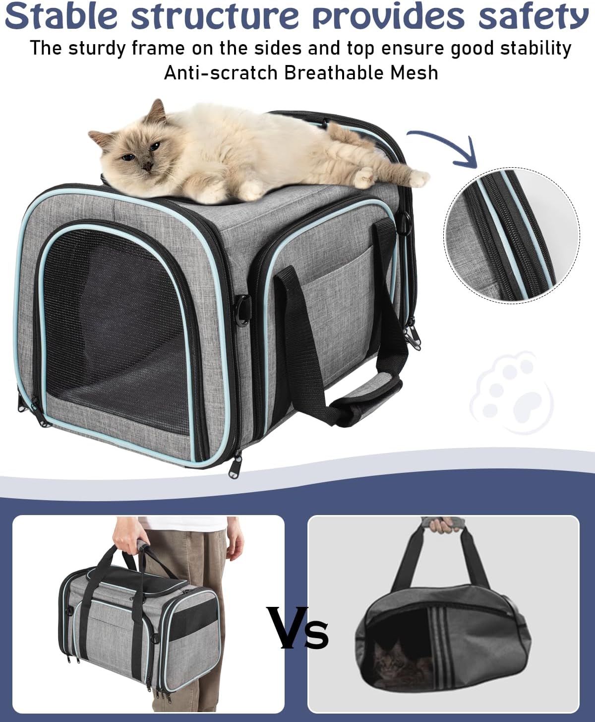 Siivton Cat Carrier,4 Sided Expandable Pet Carrier for Travel,Collapsible Soft-Sided Carriers with Removable Fleece Pad and Shoulder Straps,Airline Approved(17.5"x 11"x 11") - PuriLite