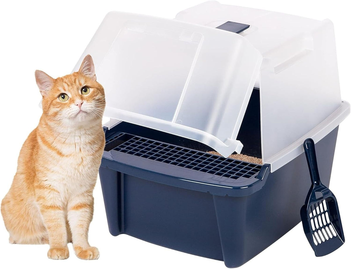 IRIS USA Cat Litter Box, Litter Box Enclosure with Scoop and Front Door Flap, Covered Kitty Litter Box for Privacy, Portable, Easy to Clean, Navy - PuriLite