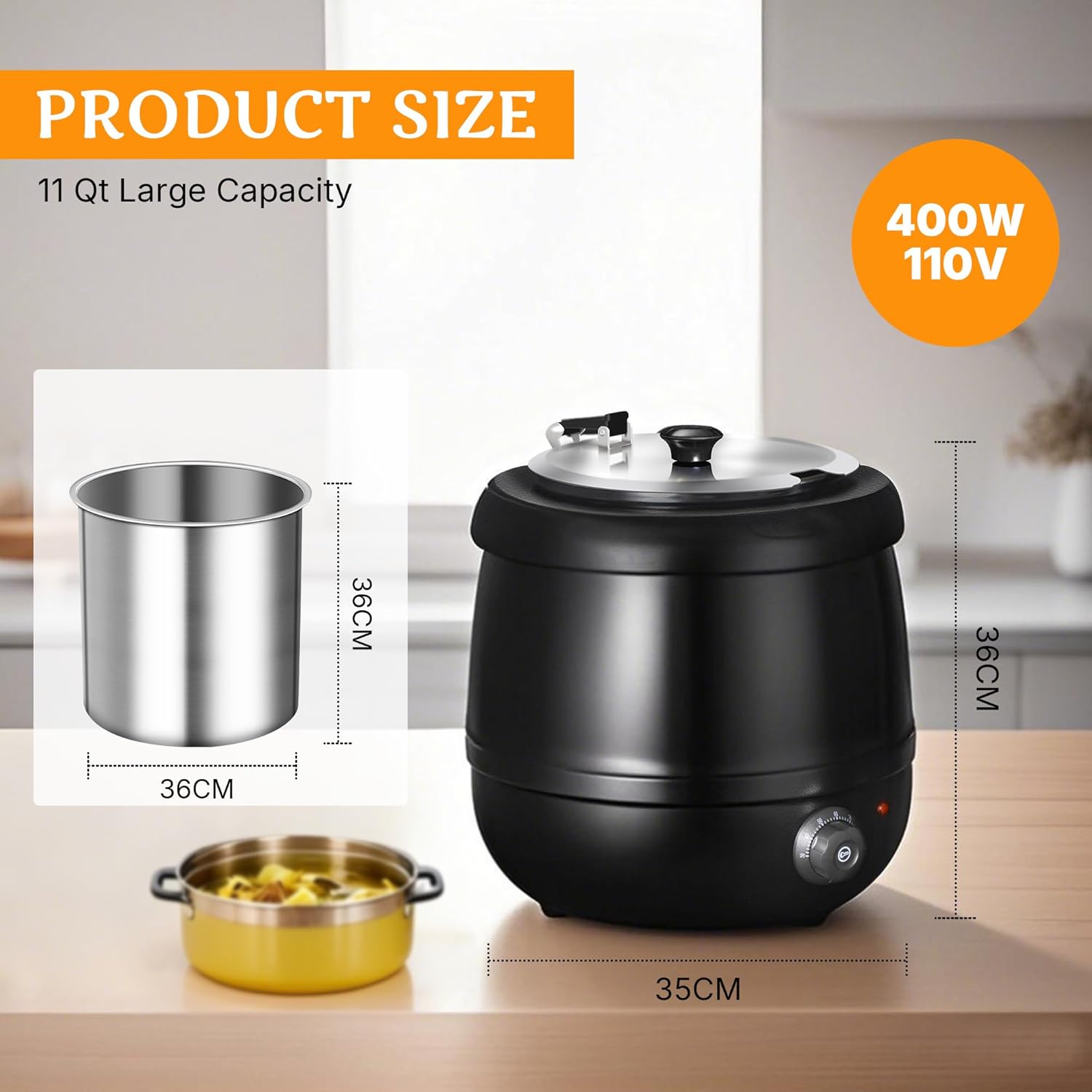 CLIVIA Soup Warmer, 11 Qt Soup Kettle Warmer Electric Commercial Food Kettle Warmer Coountertop with Hinged Lid & Detachable Stainless Steel Insert Pot for Restaurant/Buffet/Hotel/Family, Black - PuriLite