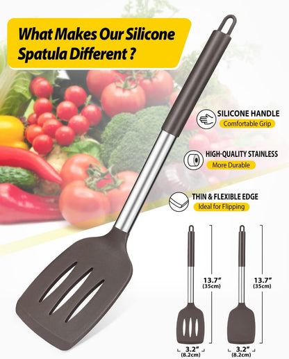 Pack of 2 Silicone Slotted Spatula,Non Stick Solid Kitchen Turner, High Heat Resistant BPA Free Cooking Utensils for Fish, Eggs, Pancakes（Black - PuriLite