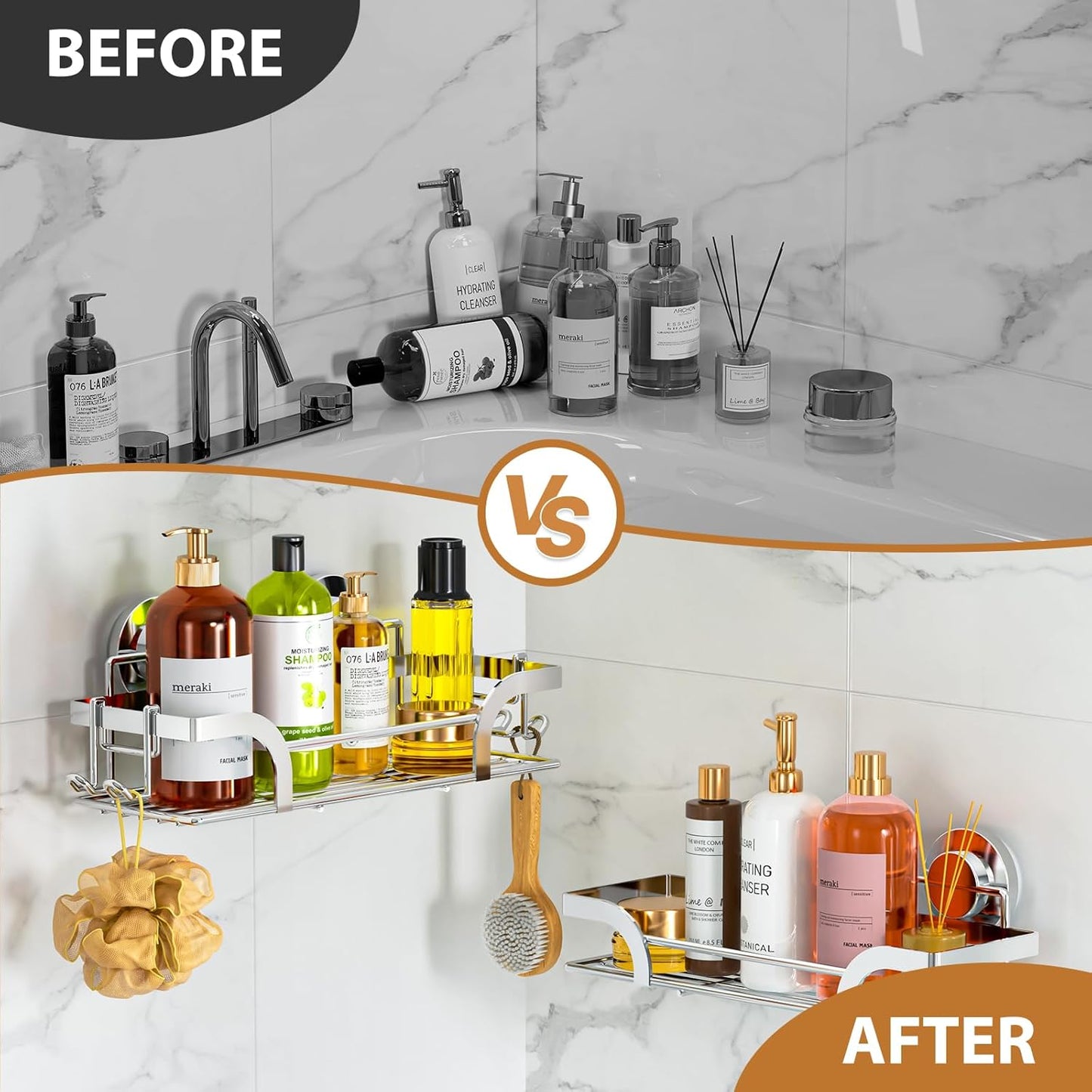 LEVERLOC Shower Caddy Suction Cup, 2 Pack Black Shower Shelf with Hooks and Soap Holder, NO-Drilling Bathroom Organizer, Rustproof Metal Bathroom Storage and Organization - PuriLite