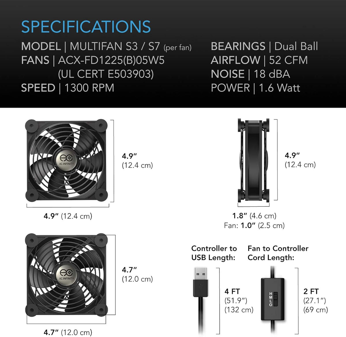 AC Infinity MULTIFAN S3 Quiet 120mm USB Cooling Fan – UL-Certified, Multi-Speed Adjustable for Electronics, Game Consoles, DVR, Receiver, and Computer Cabinets - PuriLite