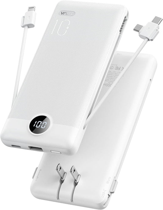 Portable Charger for iPhone, 10000mAh Power Bank with Built-in Cables & AC Wall Plug, USB C Phone Charger 5 Output External Battery Pack Compatible with iPhone Samsung Google Pixel Android -White - PuriLite