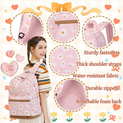3Pcs Daisy Prints Backpack for Girls Bookbag set Primary School Daypack Elementary Students Knapsack with Lunch Box - PuriLite