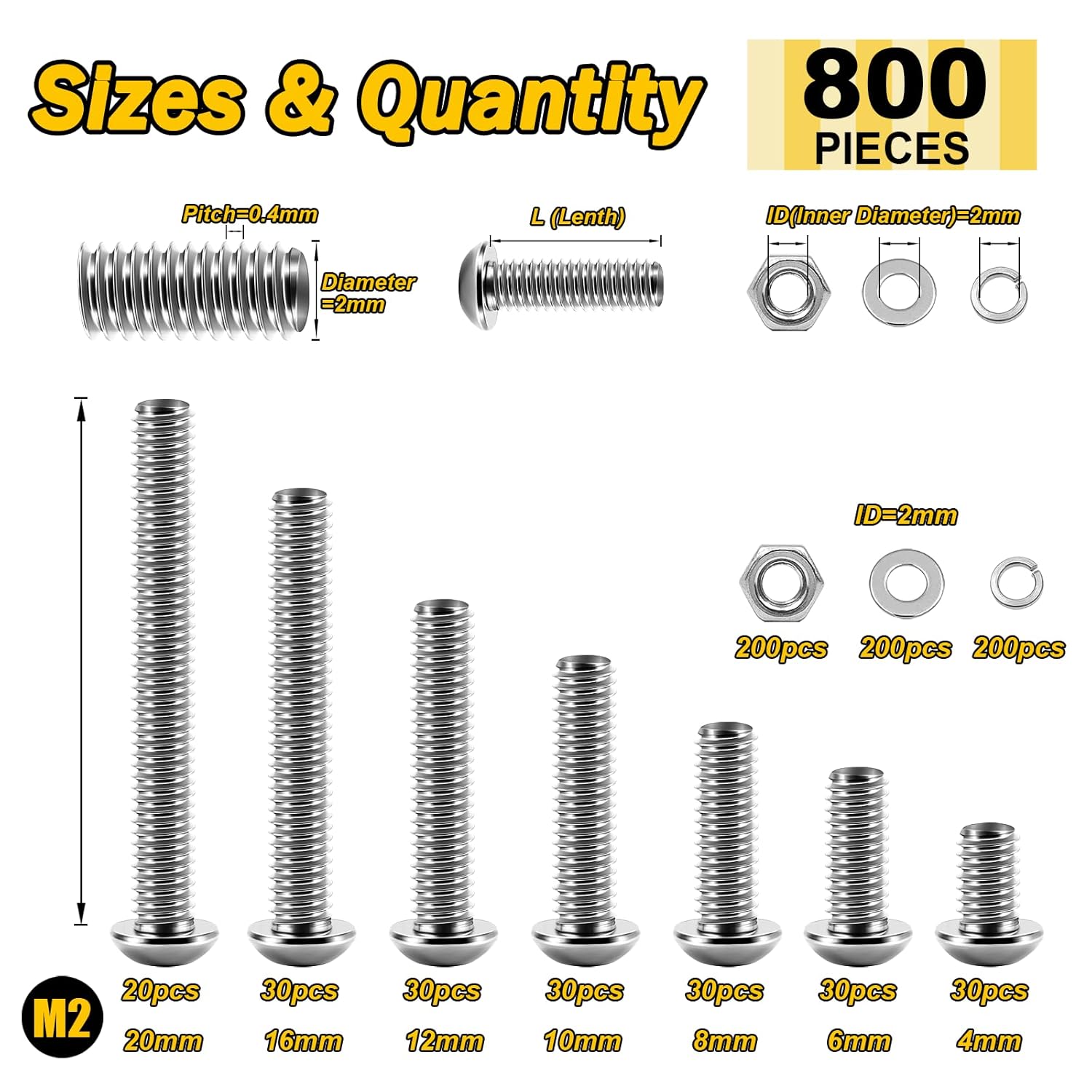 Mywish 900Pcs Metric Screw Assortment, M3 M4 M5 M6 Screw Assortment Kit 304 Stainless Steel Hex Socket Button Head Socket Cap Metric Screws Bolts & Flat Washers/Nuts/Hex Wrenches 16 Sizes 8MM to 20MM - PuriLite