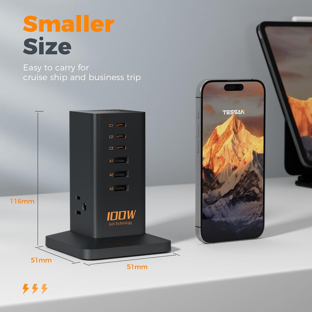 Charging Station, TESSAN 65W Max GaN USB C Charger Block, 6-Ports and 3 AC Outlets Power Tower, Fast Charging for Multiple Devices, Compatible with iPhone, Samsung and More - PuriLite