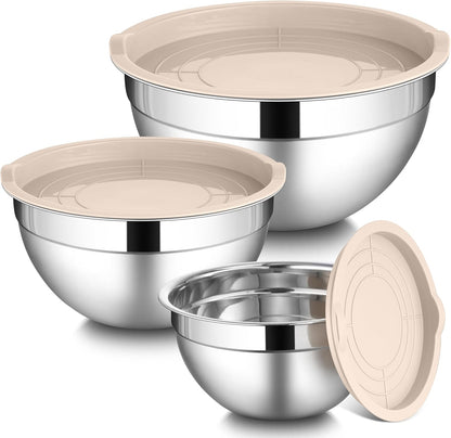 LIANYU Mixing Bowls with Airtight Lids Sets, 3 Packs Stainless Steel Metal Mixing Bowls, Ideal for Prepping, Cooking, Storage, Serving, Freezer & Dishwasher Safe, Khaki - PuriLite