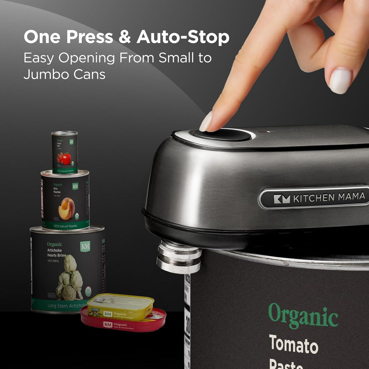 Kitchen Mama Orbit One Stainless Steel Rechargeable Electric Can Opener: Hands-Free, USB-C Charging, Automatic Stop, Smooth Edge, Safety, Blade for Large Cans, Heavy Duty, Soda Can and Pop Can - PuriLite