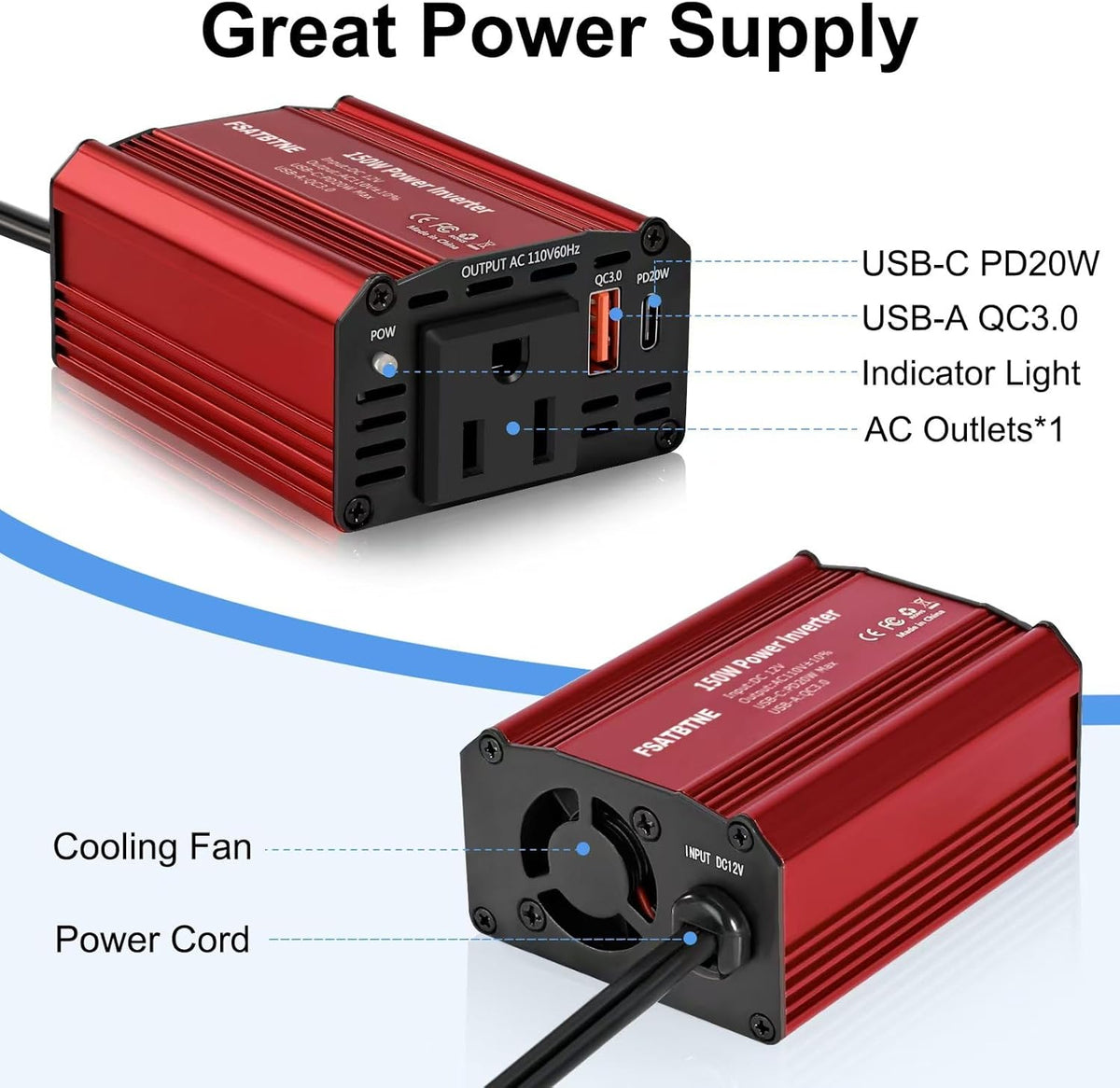 FSATBTNE 400W Power Inverter 12V DC to 110V AC Car Plug Adapter Outlet Converter with [65W PD USB-C] & [18W QC USB-A] Fast Charging Ports and 2 AC Outlets Car Power Inverters for Vehicles - PuriLite