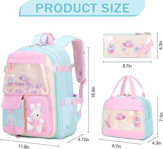 FIXITOK Girls Backpack Set, 3PCS Kids Backpack for Girls, Kawaii Bunny School Backpacks for Girl Kindergarten Elementary Preschool Middle School Bags with Lunch Box Pencil Case Aquamarine - PuriLite