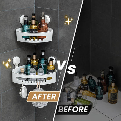 LEVERLOC Shower Caddy Suction Cup, 2 Pack Black Shower Shelf with Hooks and Soap Holder, NO-Drilling Bathroom Organizer, Rustproof Metal Bathroom Storage and Organization - PuriLite