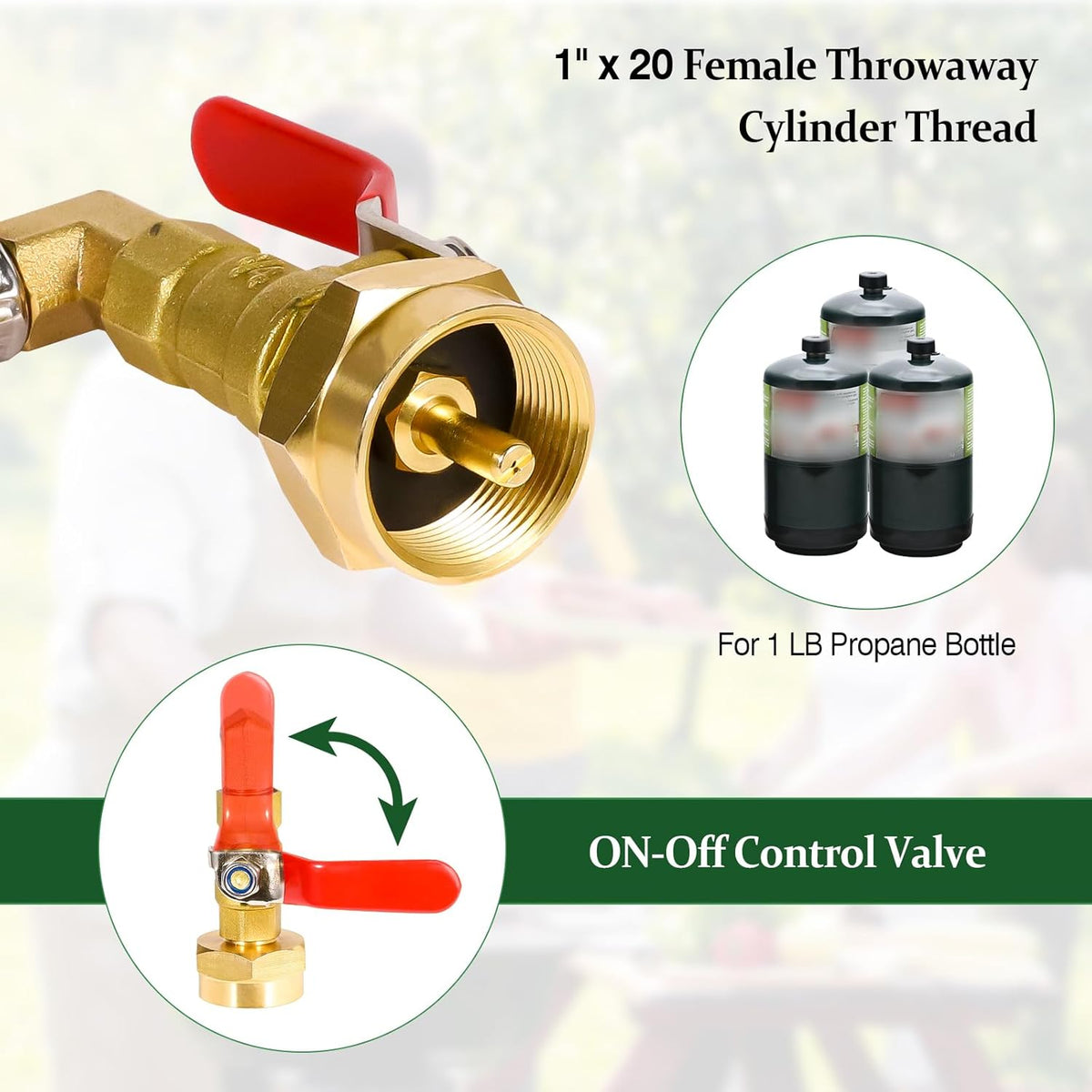 Propane Refill Adapter 20lb to 1lb Camping - 3FT/36inch Stainless Steel Hose with Gauge and ON-Off Control Valve - Fits QCC1 / Type1 Tank, 2 Caps Included - PuriLite