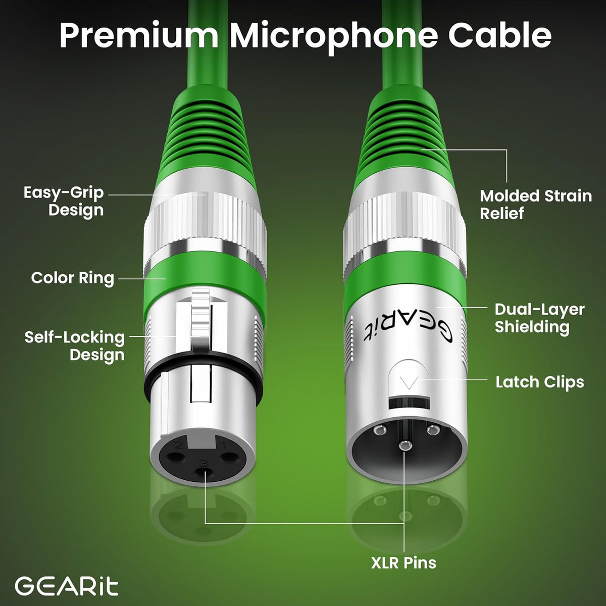 GEARit XLR Male to Female Microphone Cable (10 Feet, 6-Pack) 3-Pin Balanced Shielded Mixer, Recording Studio, Podcast - Black - PuriLite