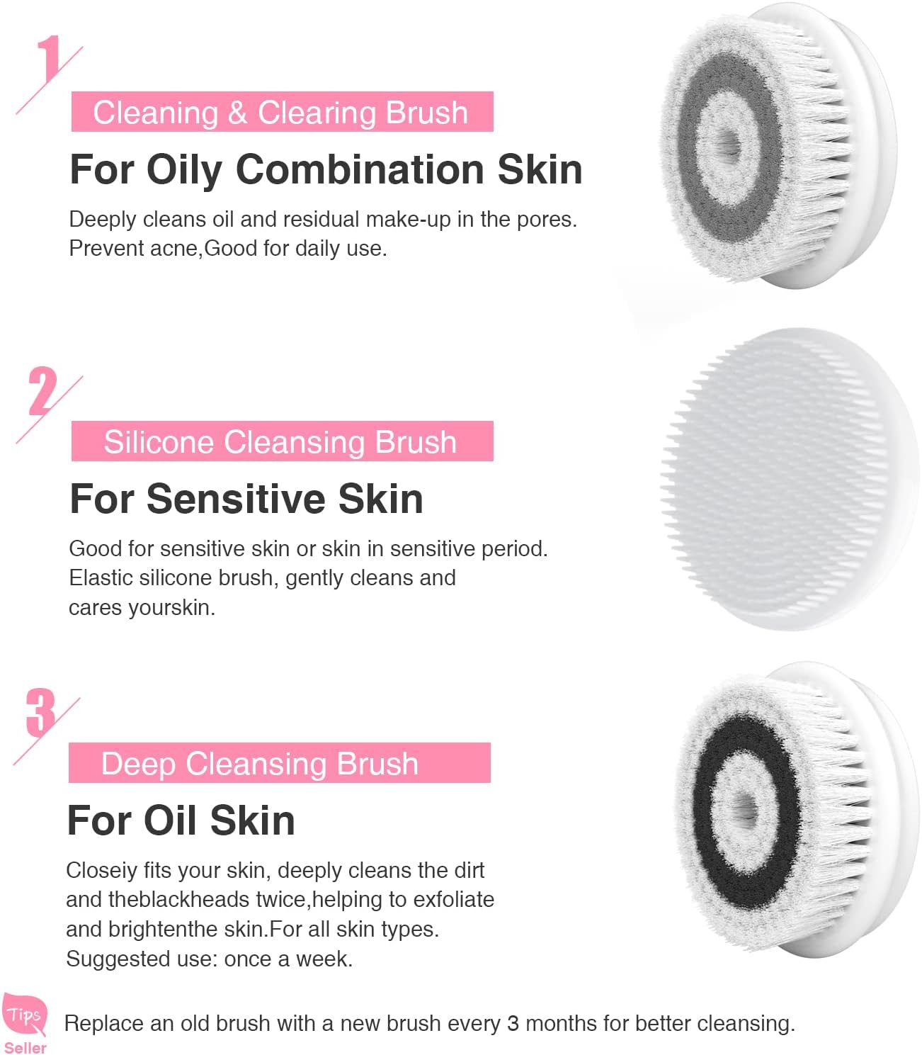 Facial Cleansing Brush Electric Facial Exfoliating Massage Brush with 3 Cleanser Heads and 2 Speeds Adjustable for Deep Cleaning, Removing Blackhead, Face Massaging - PuriLite