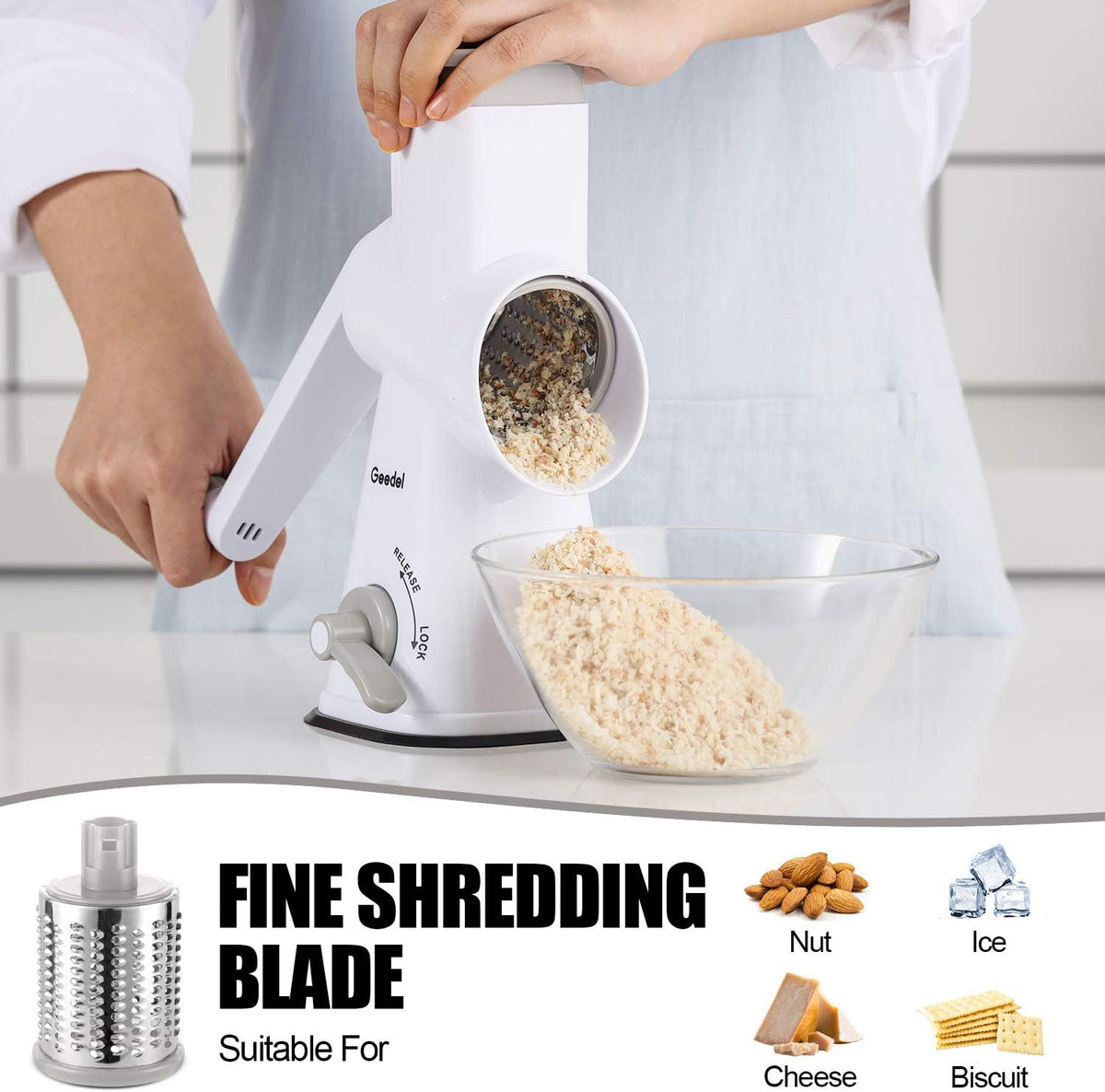 Geedel Kitchen Cheese Grater, Rotary Mandoline Vegetable Slicer with Interchangeable Blades, Easy to Use Rotary Grater Slicer for Fruit, Vegetables, Nuts - PuriLite