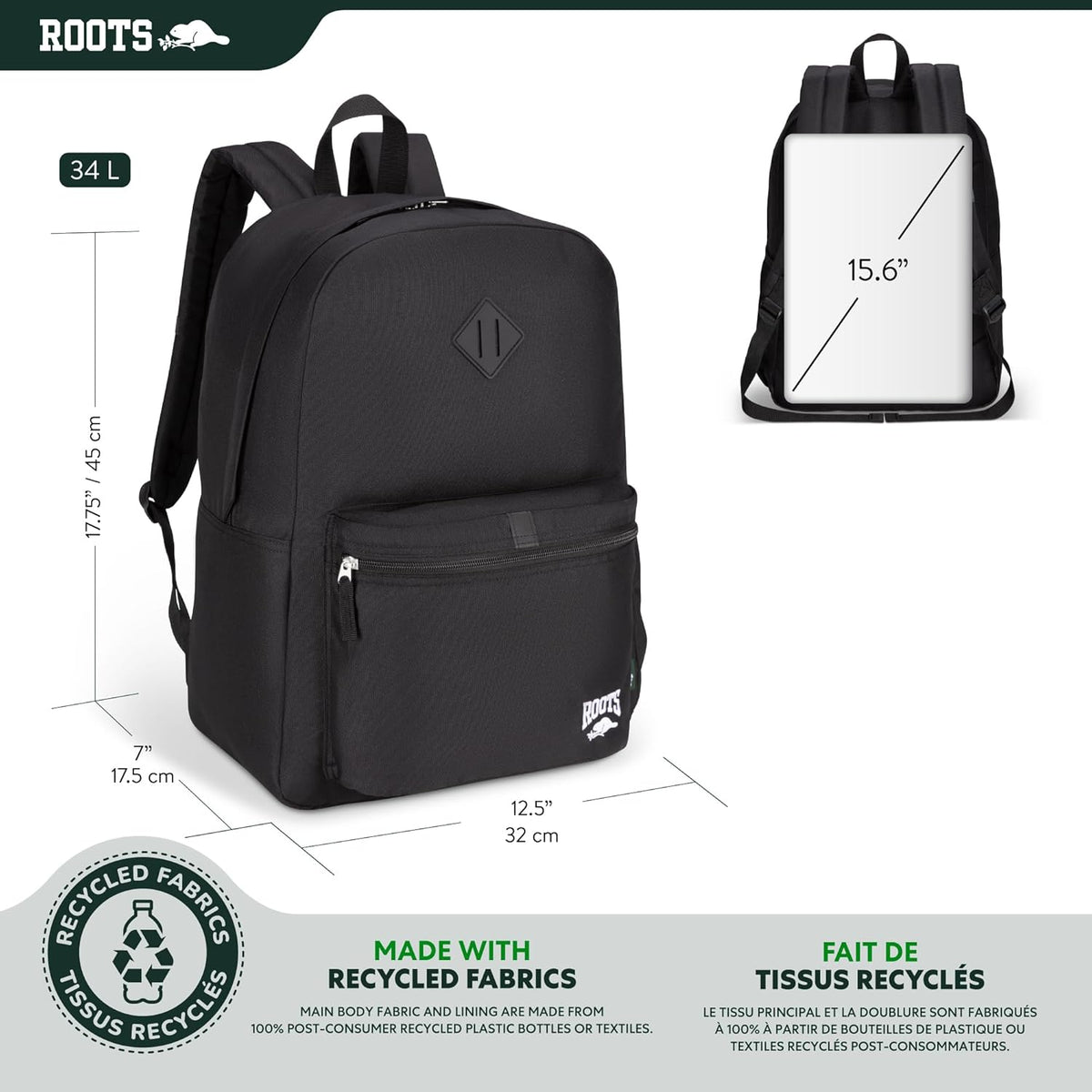Roots Teen Lightweight Backpack — Made from Recycled Polyester with 15.6" Laptop Compartment, Rain Flap, Bottle Pocket, Reflective Accent, and Back Padding — 34L, Black - PuriLite
