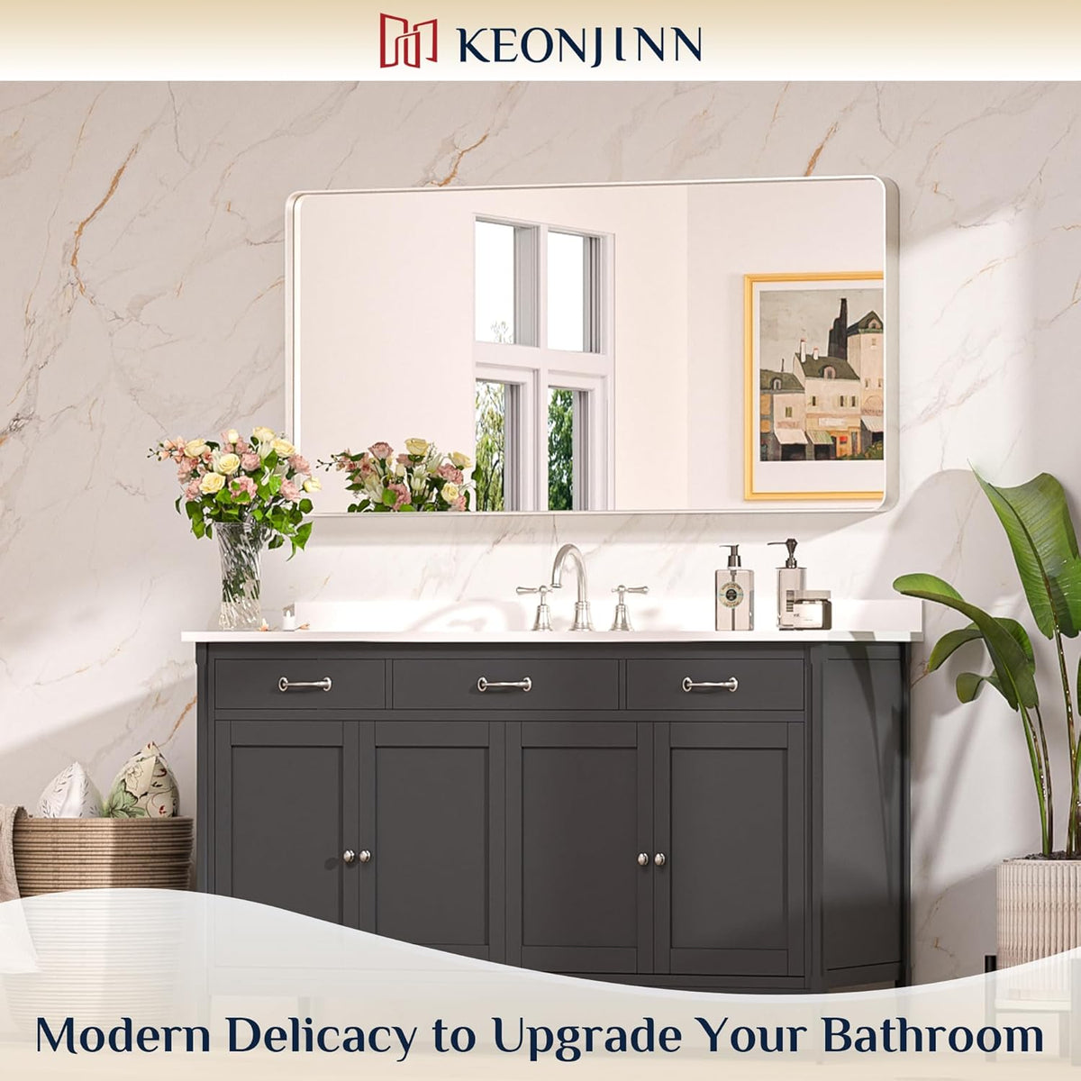 Keonjinn 42 x 36 Brushed Nickel Bathroom Vanity Mirror, Large Rounded Rectangle Bathroom Mirrors for over Sink, Metal Framed Silver Mirror for Wall, Shatterproof HD Tempered Glass(Horizontal/Vertical) - PuriLite
