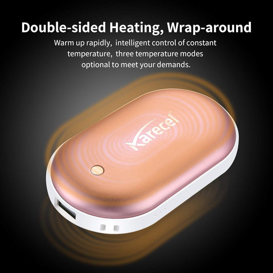 KARECEL Rechargeable Hand Warmers 2 Pack – 10,400mAh Double-Sided Electric Hand Warmers & Power Bank, 4" Full-Surface Heat, Quick Charge Portable USB Pocket Heater, 3 Heat Levels, Tech Gifts for Men & Women – Rose Gold - PuriLite