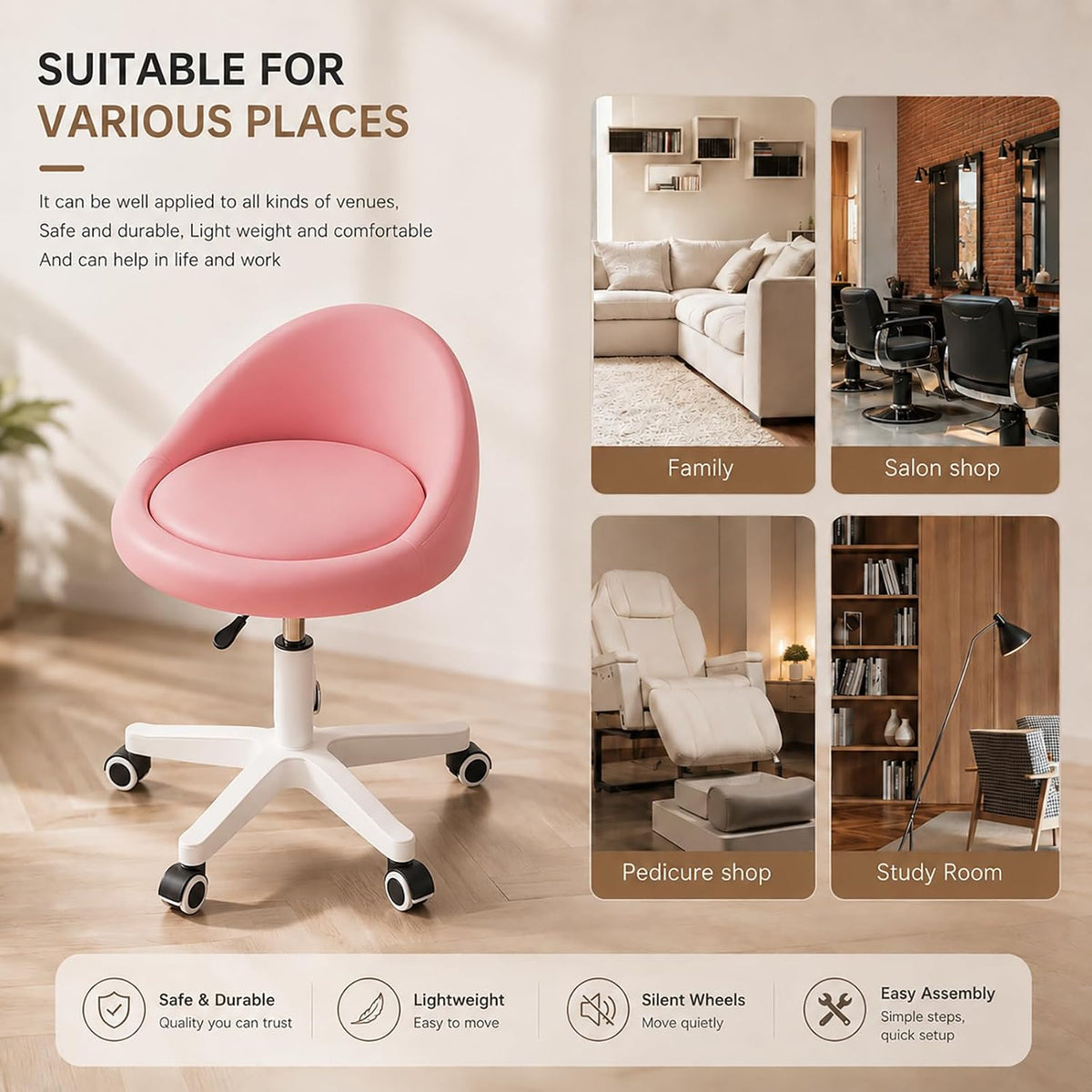 Rolling Stool with Backrest, Adjustable Swivel Stool with Wheels