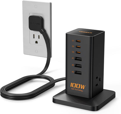 Charging Station, TESSAN 65W Max GaN USB C Charger Block, 6-Ports and 3 AC Outlets Power Tower, Fast Charging for Multiple Devices, Compatible with iPhone, Samsung and More - PuriLite