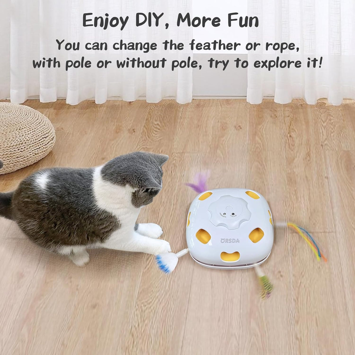 ORSDA Cat Toys Interactive, 4 in 1 Automatic Cat Toy, Hide and Seek, Whack a Mole, Magic Wand, Chasing Feather, with 4 Replacements, USB Rechargeable, for All Breed Sizes - PuriLite