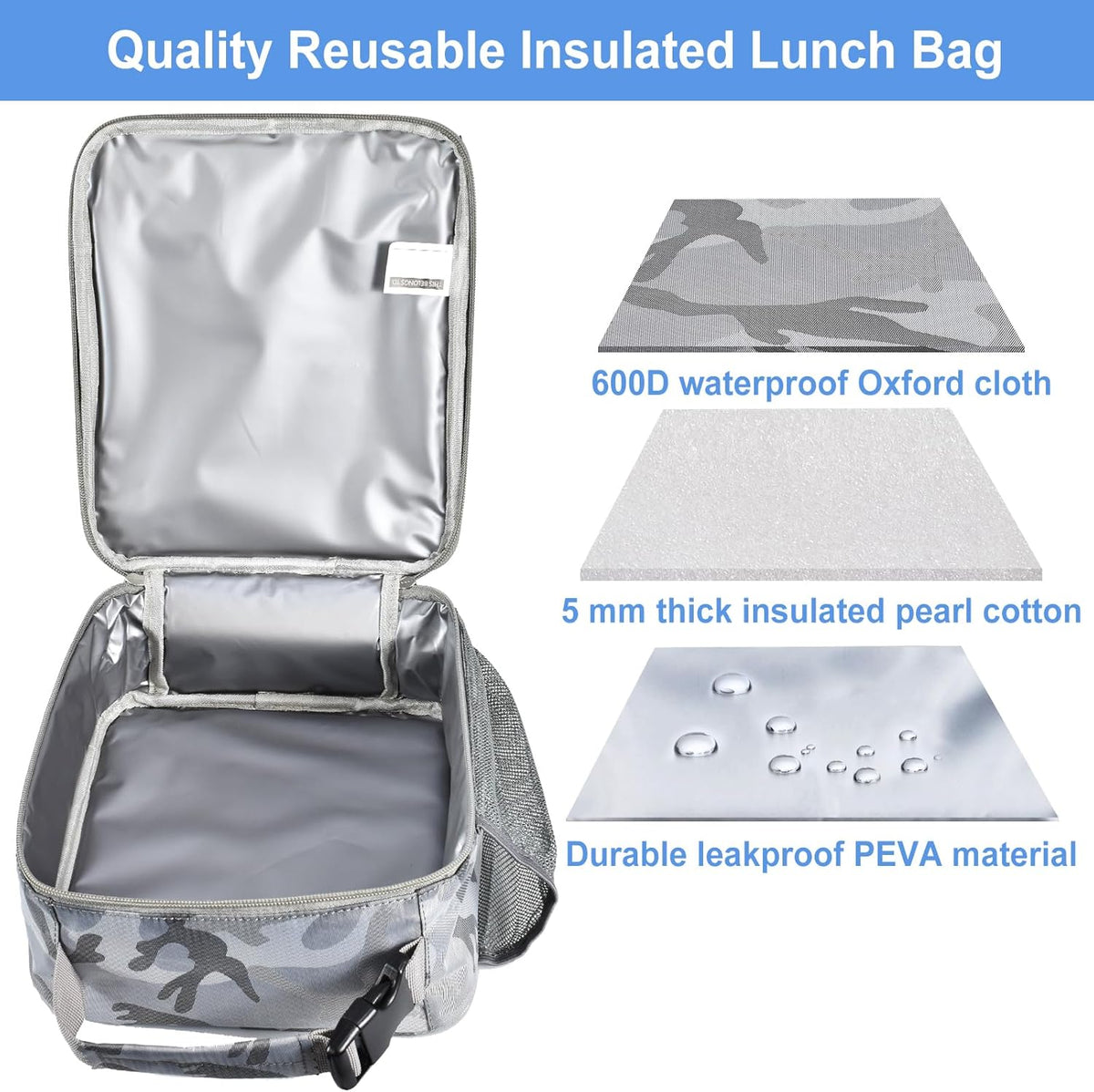 Insulated Lunch Bag, Leakproof Portable Lunch Box for Women Men Boys Girls, Large Capacity Cooler Bag with Handle and Bottle Pocket for Office School Camping Hiking Outdoor Beach Picnic (Black) - PuriLite