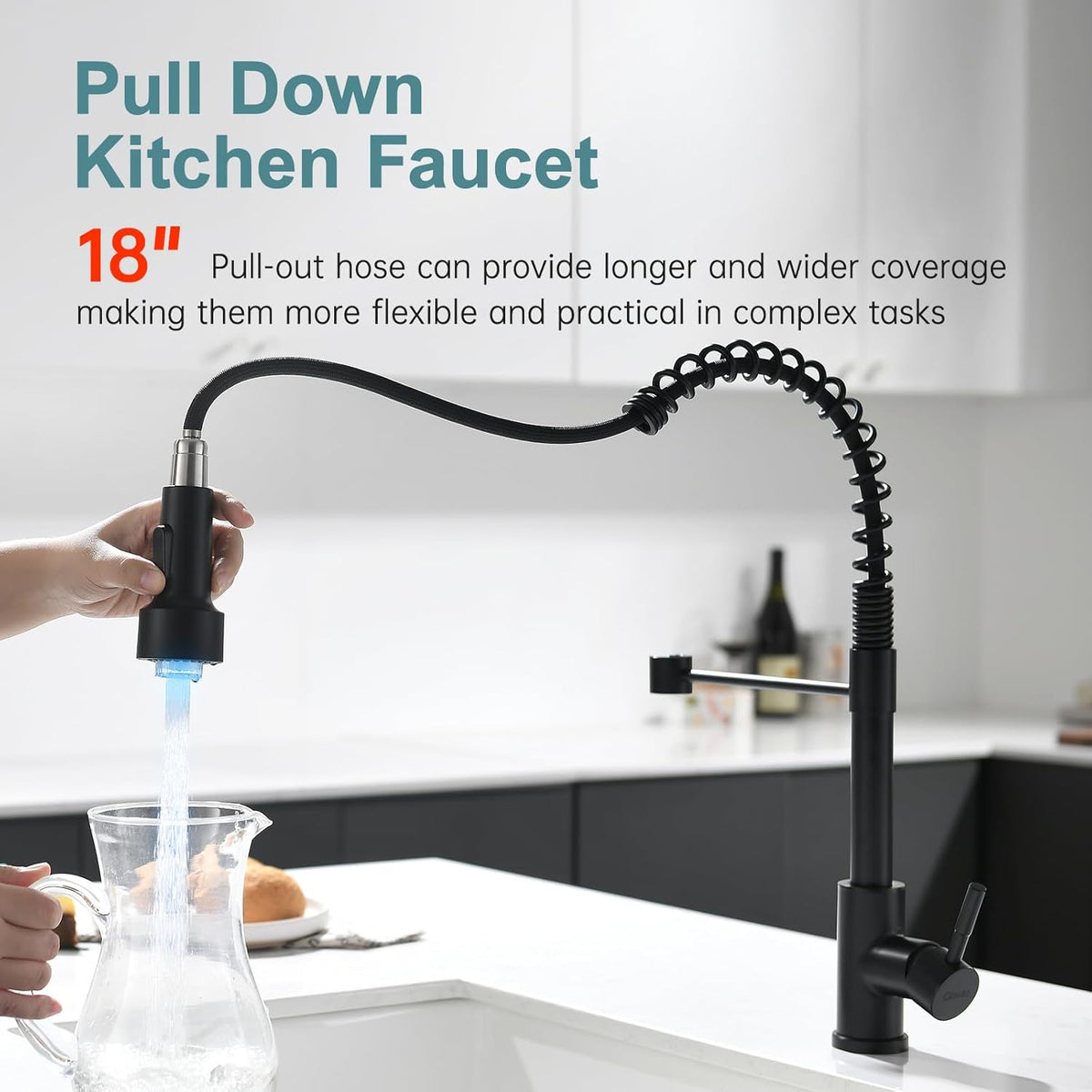 GIMILI Matte Black Kitchen Faucet with LED Light,Single Hole Spring Kitchen Sink Faucet with Pull Down Sprayer - PuriLite