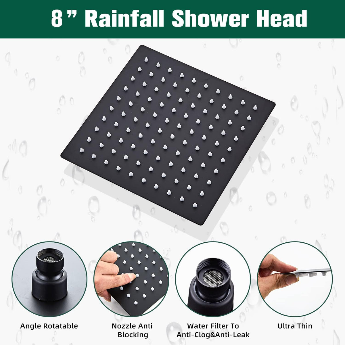 LCEVCGK Shower Faucet Set Complete Matte Black Shower System with 8 inch Square Rainfall Shower Head 3-Function Handheld Shower Waterfall Bathtub Spout Rain Shower Combo Set Bathroom Wall Mounted - PuriLite