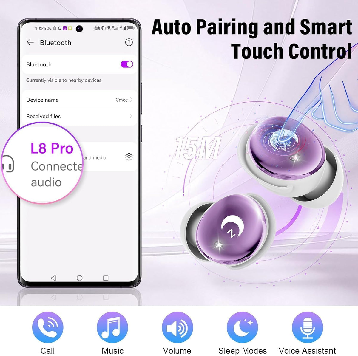 VEKJ Sleep Earbuds, Bluetooth 5.4 Mini Wireless Ear Euds with Multifunctional Touch Screen, 48H Bass Stereo Headphones with Sleep Mode/5 EQ Modes/ENC Noise Cancelling, IPX7 Earphones for iOS Android - PuriLite