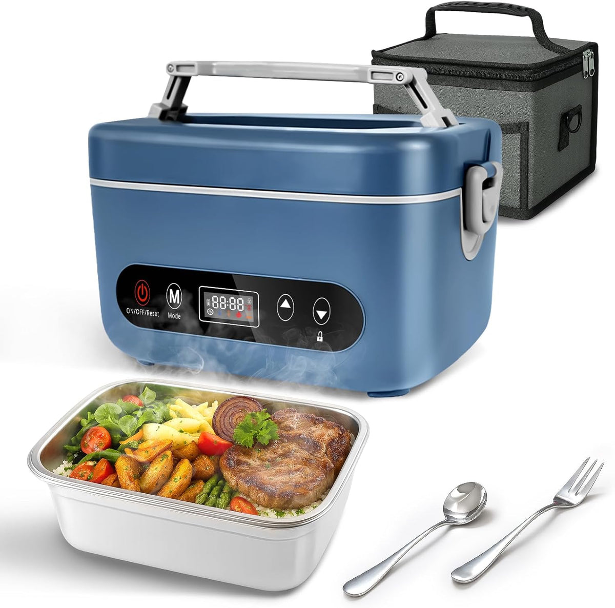 Cordless Electric Lunch Box,100W Self Heating Lunch Box,5 Cups Heated Lunch Box for Men,Multi-Mode Automatic Heating,Suitable for Office/Outdoor Use,Comes with an Insulated Bag and Utensils - PuriLite