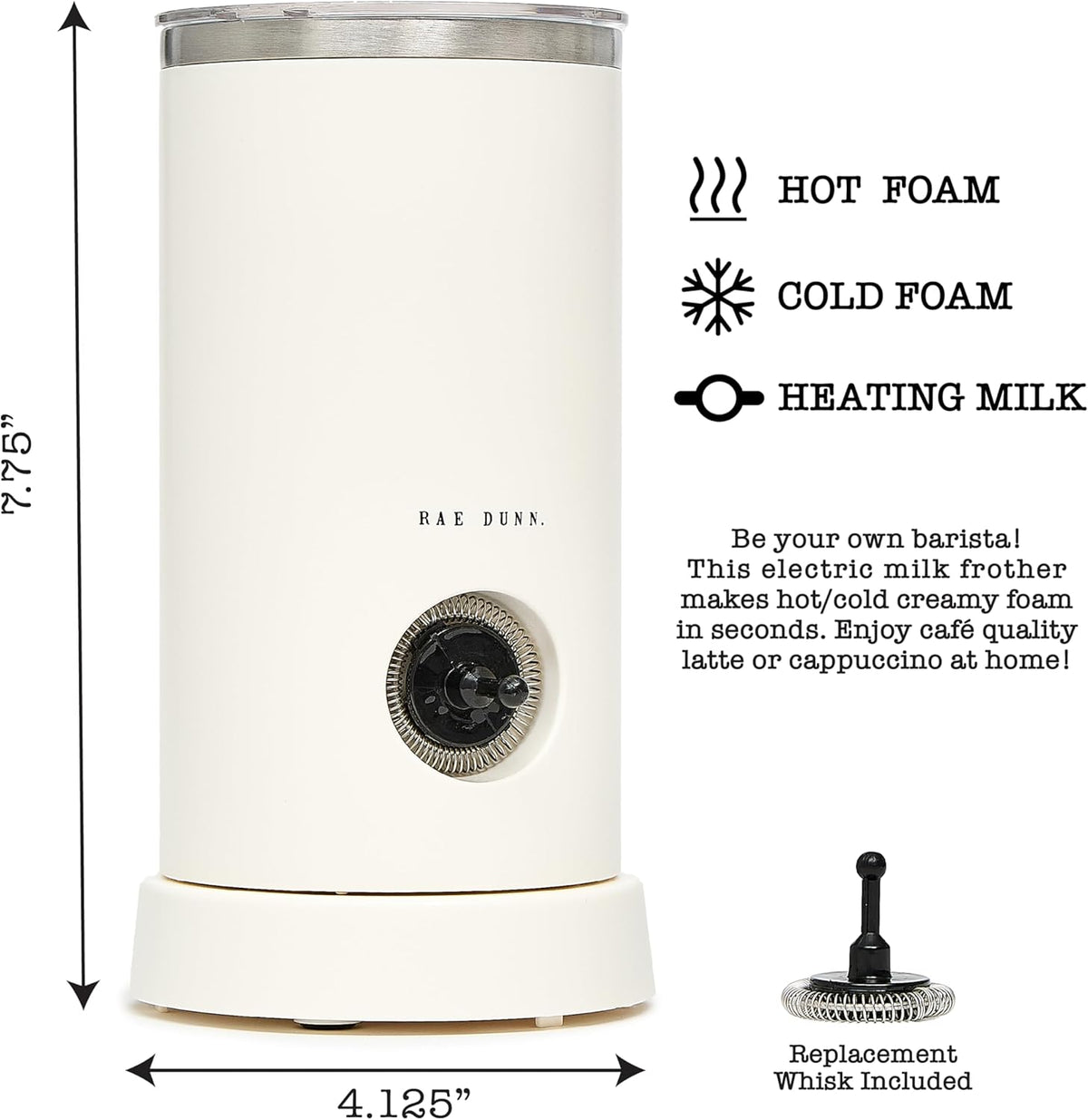 Rae Dunn - Electric Milk Frother - Elegant Automatic Milk Steamer and Frother, Milk Warmer, Hot and Cold Frothing Machine for Coffee, Latte, Cappuccino, Macchiato, - PuriLite