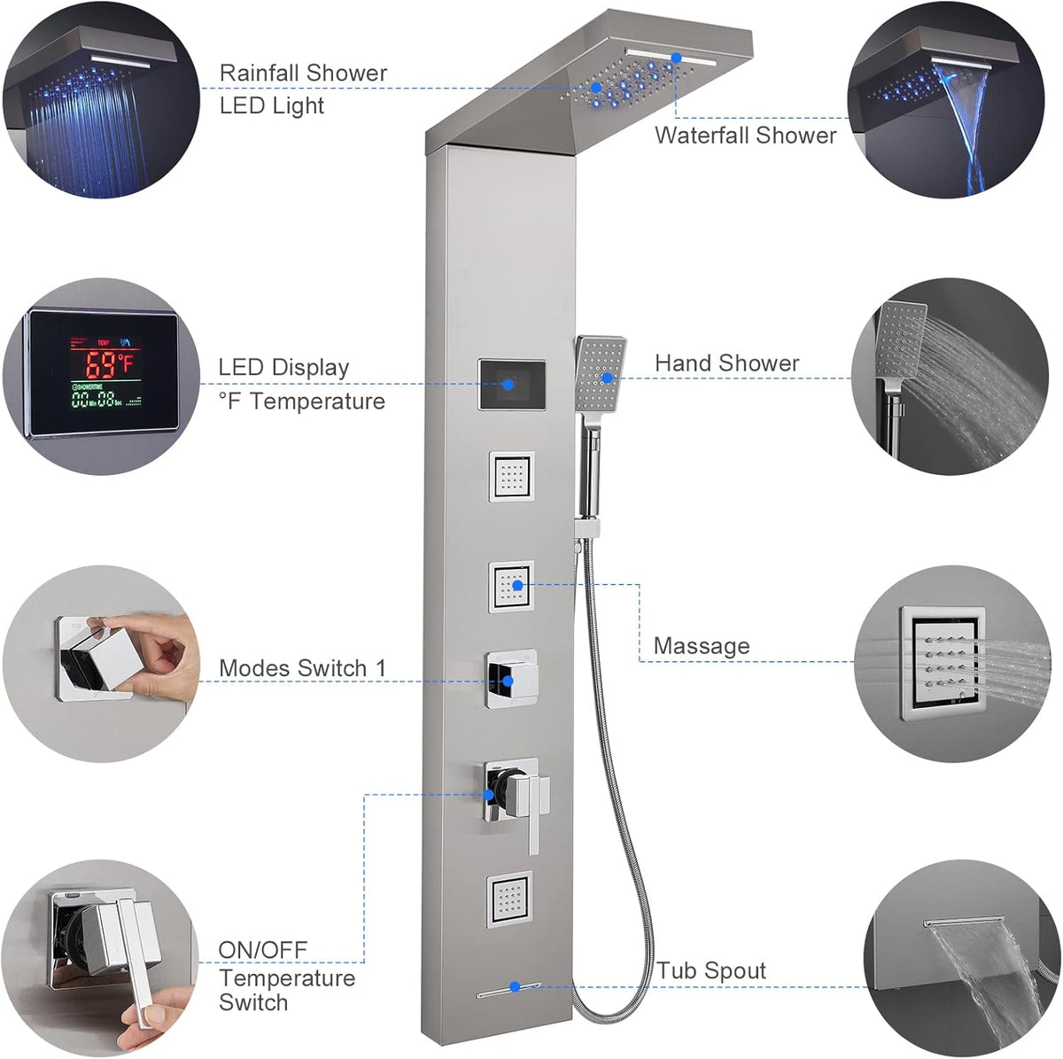 LED Shower Panel Tower System Black, MENATT 304 Stainless Steel 5-Function Shower Panel Rainfall Waterfall Shower Rain Massage System with Body Jets - PuriLite
