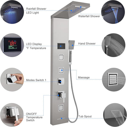 LED Shower Panel Tower System Black, MENATT 304 Stainless Steel 5-Function Shower Panel Rainfall Waterfall Shower Rain Massage System with Body Jets - PuriLite