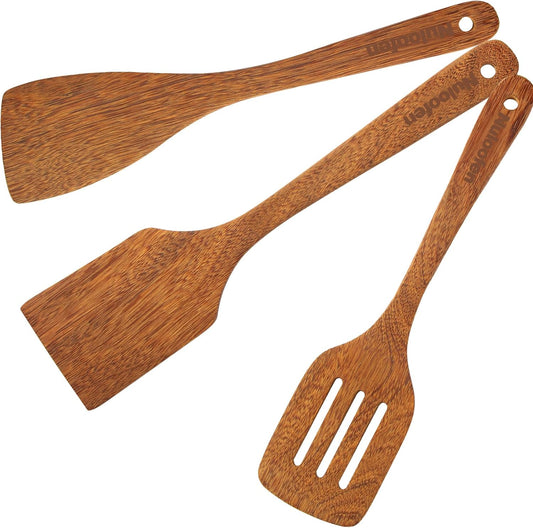 Wood Spatula for Cooking Wooden Kitchen Utensil Natural Wood Spatula Slotted Turner for Nonstick Pan Cookware 12 inch Frying Spatulas with Flat Bottom Edge Stirring Mixing and Flipping Turners - PuriLite