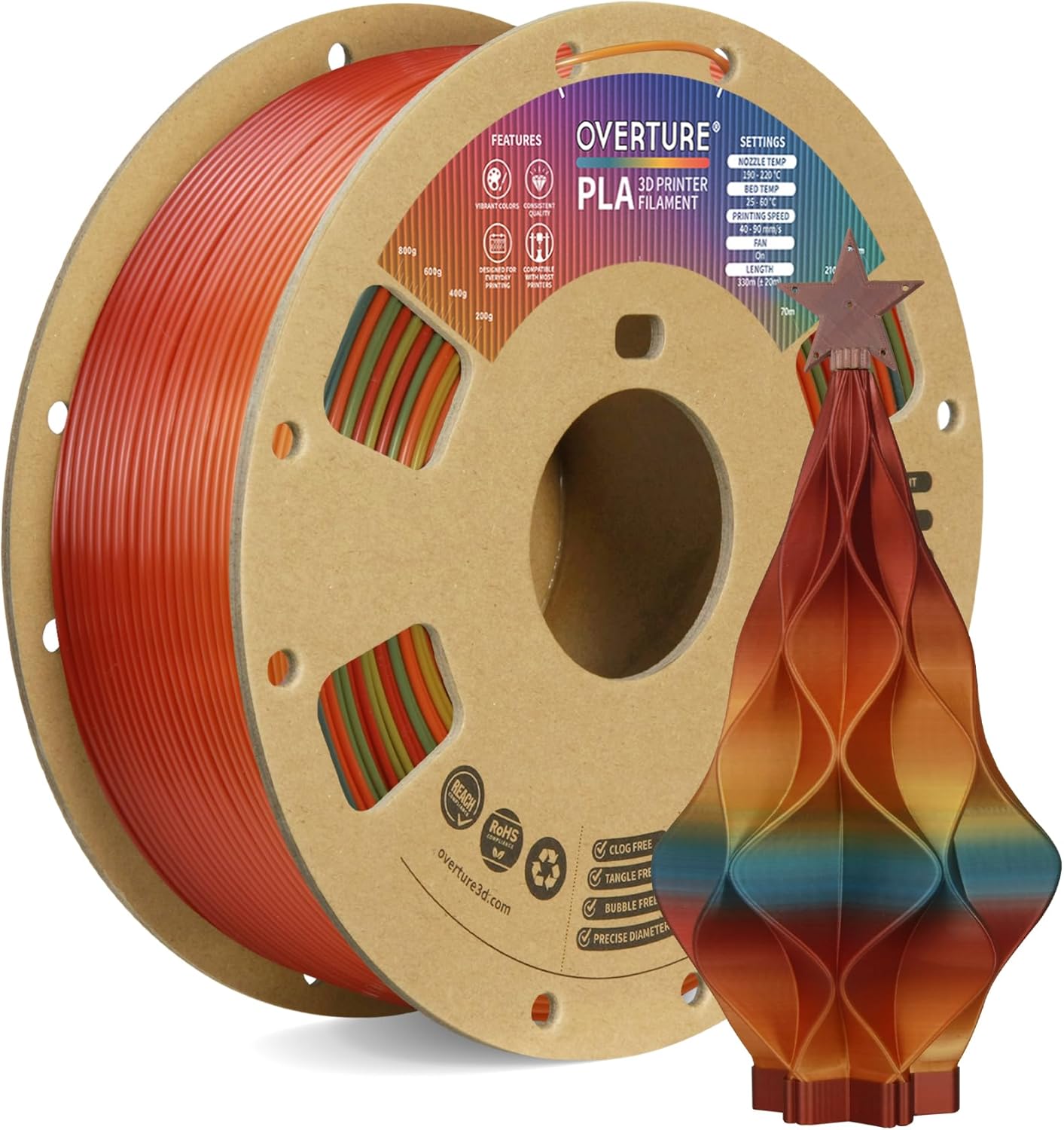 OVERTURE PLA Filament 1.75mm PLA 3D Printer Filament, 1kg Cardboard Spool (2.2lbs), Dimensional Accuracy +/- 0.02mm, Fit Most FDM Printer (Black 1-Pack) - PuriLite