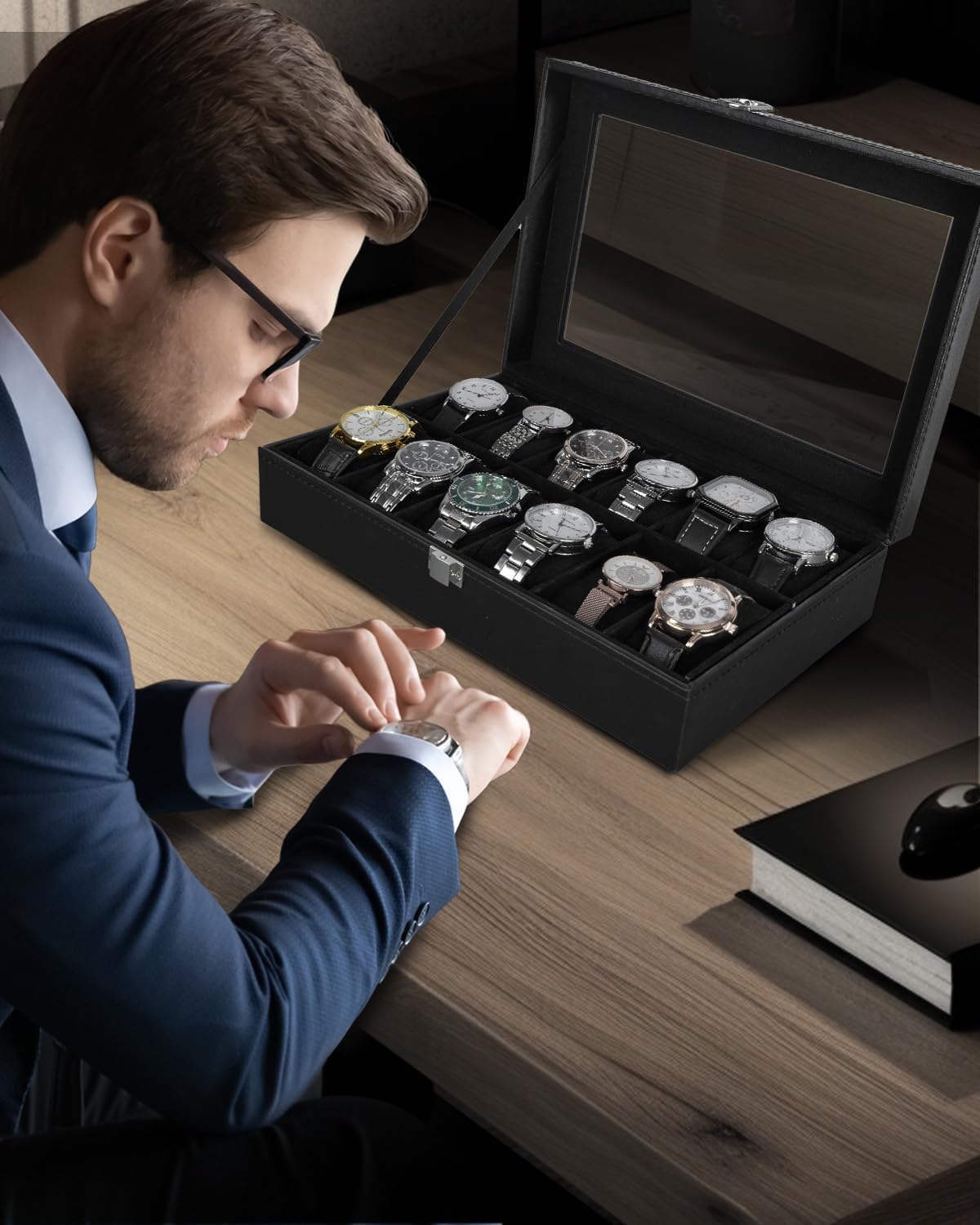 Ohuhu Watch Box Organizer for Men -12 Slot Leather Watch Case with Real Glass Lid Watch Display Case, Watch Organizer Jewelry Storage Box - PuriLite