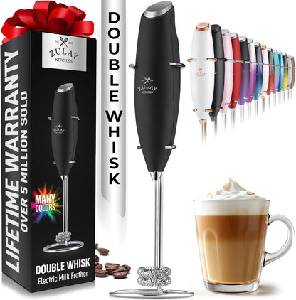 Zulay Kitchen Powerful Double Whisk Milk Frother Handheld - Foam Maker with Stand - Whisk Drink Mixer for Coffee, Mini Foamer for Latte, Matcha, Frappe, Hot Chocolate & Cappuccino (Black) - PuriLite