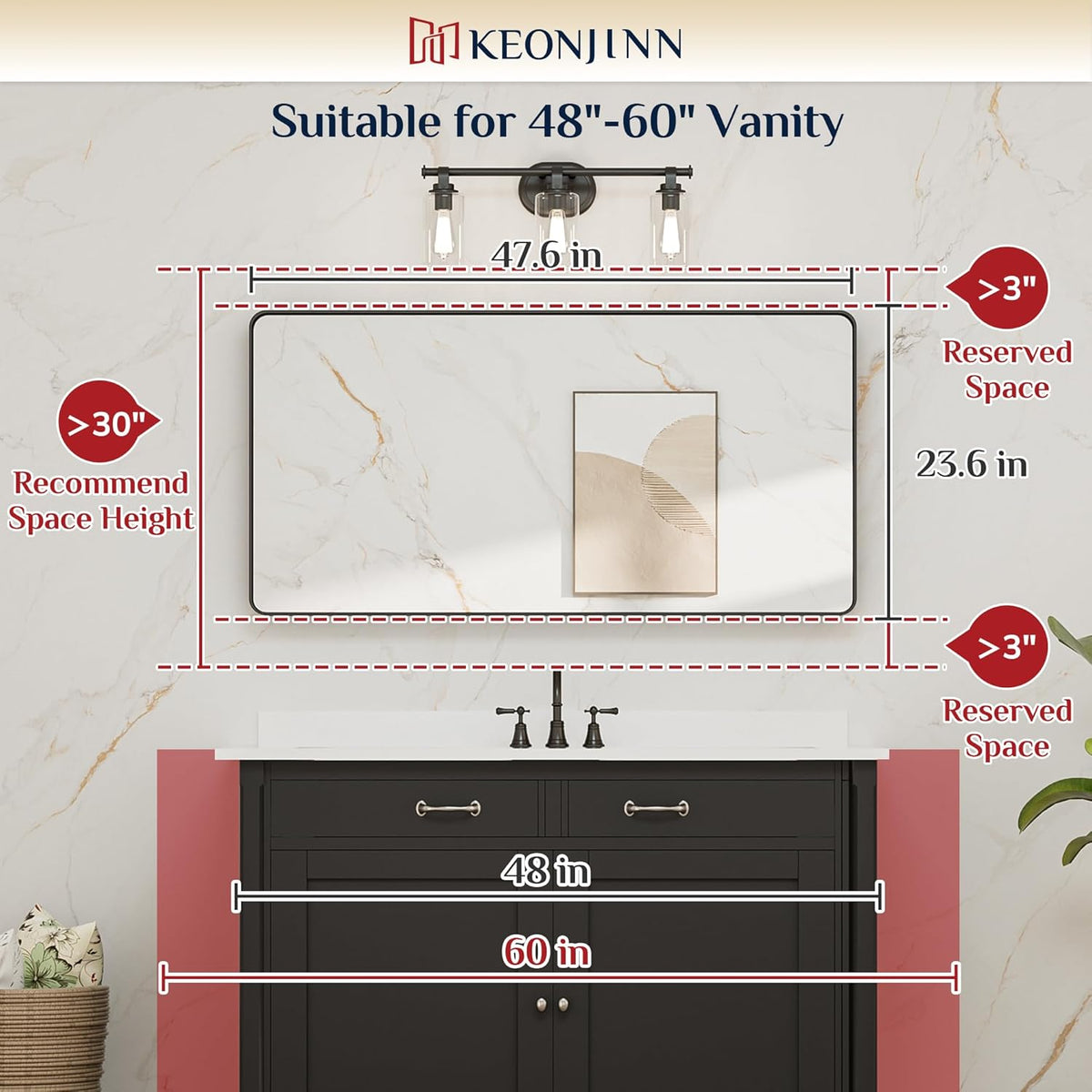 Keonjinn 42 x 36 Brushed Nickel Bathroom Vanity Mirror, Large Rounded Rectangle Bathroom Mirrors for over Sink, Metal Framed Silver Mirror for Wall, Shatterproof HD Tempered Glass(Horizontal/Vertical) - PuriLite