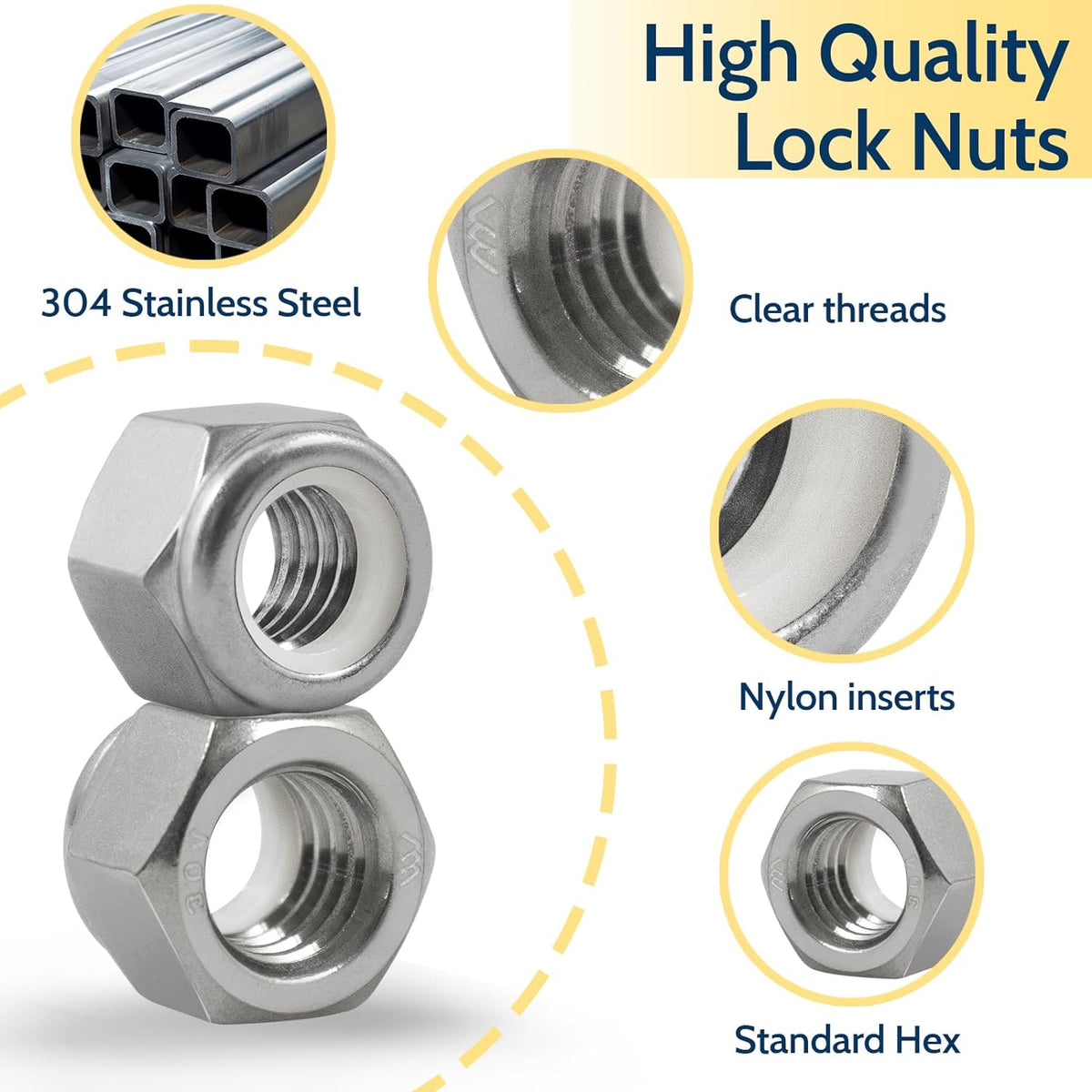 Vifmy 110 Pack 1/4"-20 Inch Lock Nuts,304 (A2-70) Stainless Steel Nylon Insert Locknuts,Standard Inch Thread Nylock Nuts for Bolts - PuriLite