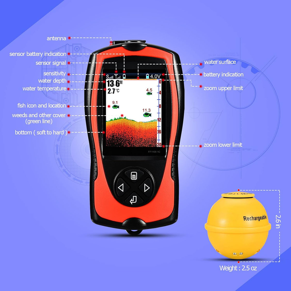Atibin Portable Sonar Fish Finder Water Sensor Transducer Depth Finder Kayak Wireless Handheld Fish Finders Canoe Fishing - PuriLite